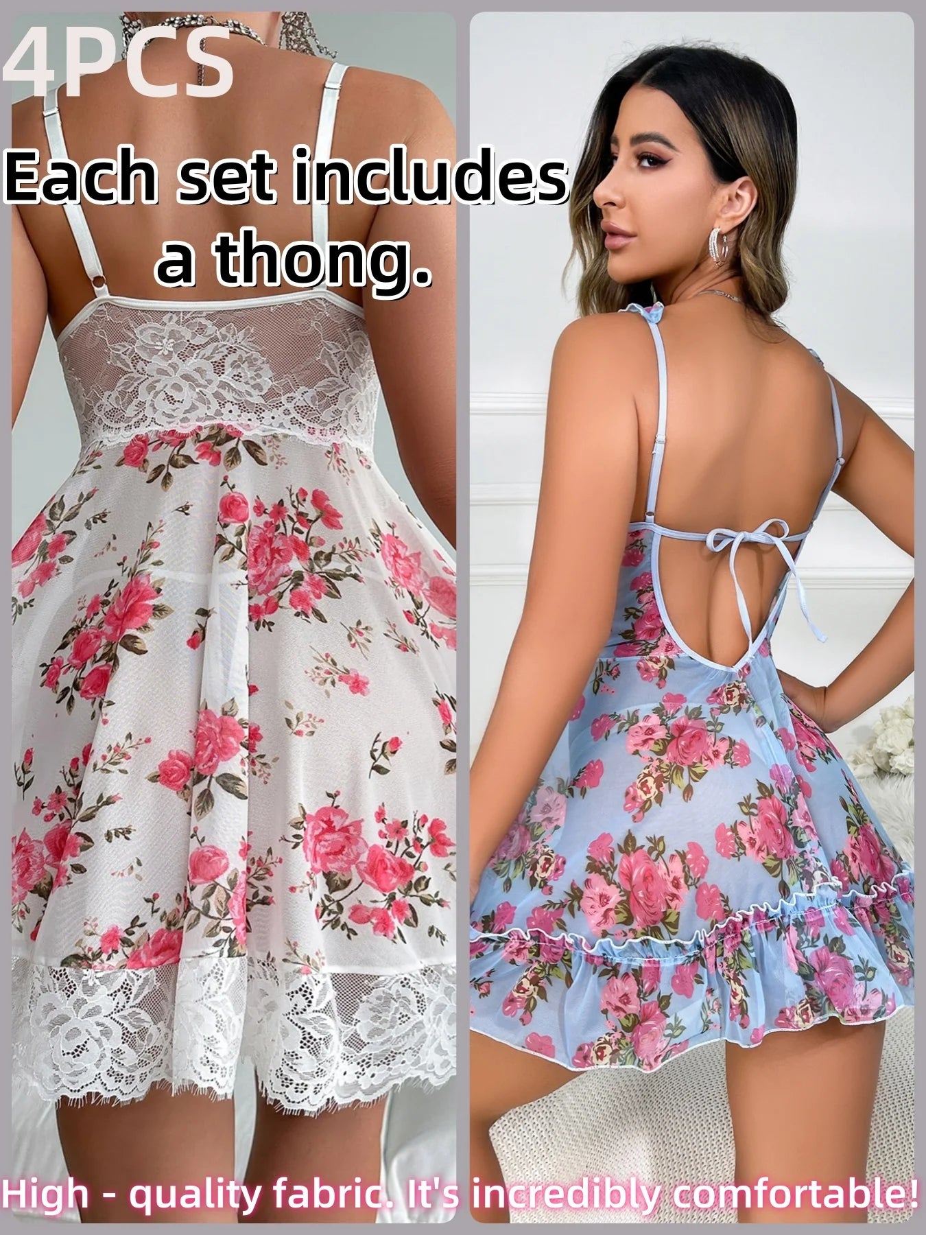 Floral-Print Satin & Lace V-Neck Cami & Shorts Two-Piece Set – Breathable Sexy Sleep & Beachwear