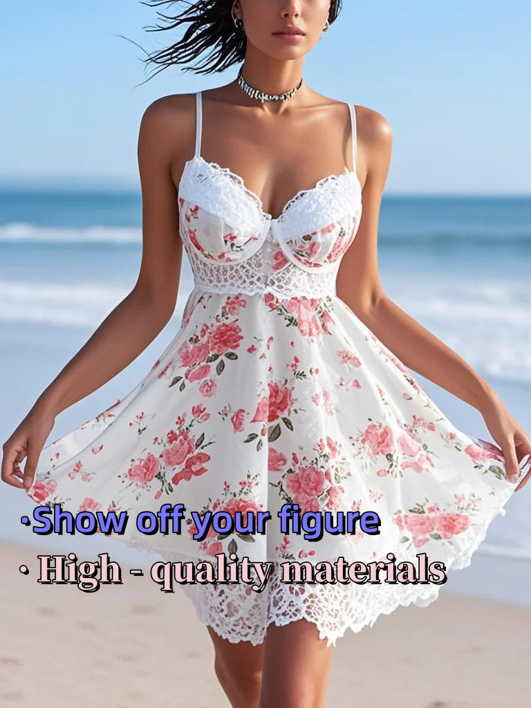 Floral-Print Satin & Lace V-Neck Cami & Shorts Two-Piece Set – Breathable Sexy Sleep & Beachwear