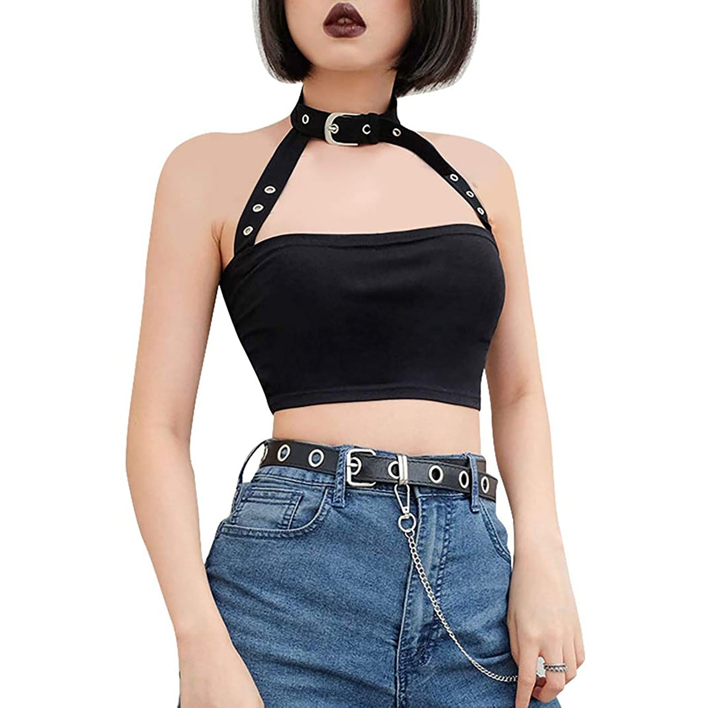 Sexy Punk Style Choker Halter Top Women Sexy Fashion Slim Cami Backless Choker Buckle Cropped Top Summer Crop Bandeau Tank Tops