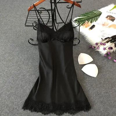 Women’s Silk Satin Lace-Trim Babydoll Nightgown with Chest Pad – Summer Sleep Chemise