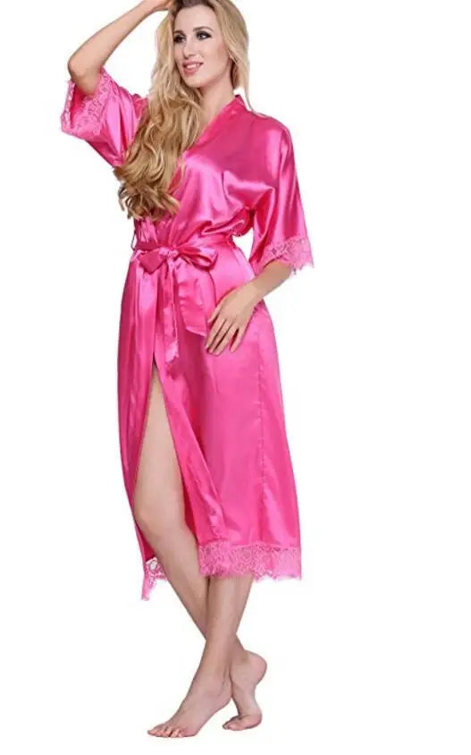 Summer Lace Patchwork Satin Kimono Robe Sexy Sleepwear Lingerie Chemises Women Silk Long Nightgown Wedding bridesmaid Robes