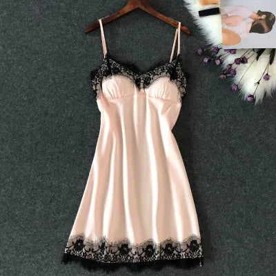 Women’s Silk Satin Lace-Trim Babydoll Nightgown with Chest Pad – Summer Sleep Chemise