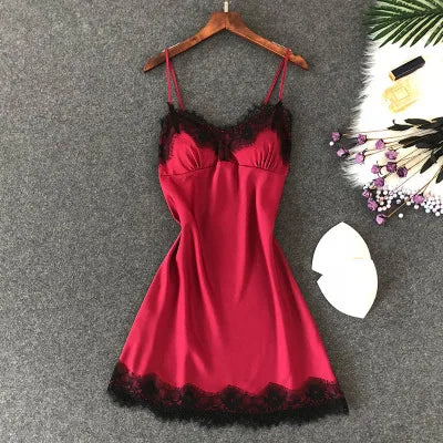 Women’s Silk Satin Lace-Trim Babydoll Nightgown with Chest Pad – Summer Sleep Chemise