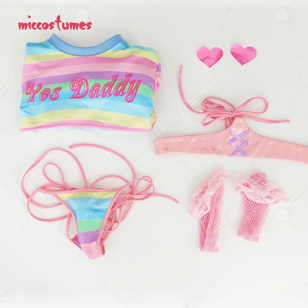 Women Sexy Cosplay Lingerie Rainbow Stripe Long Sleeve Short Tops and Panty with Stockings Sleepwear Sexy Costumes