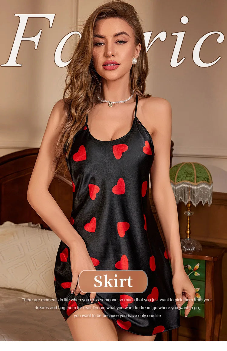 Heart Print Slip Nightdress Casual Crew Neck Criss Cross Back Sleepwear Women's Dresses