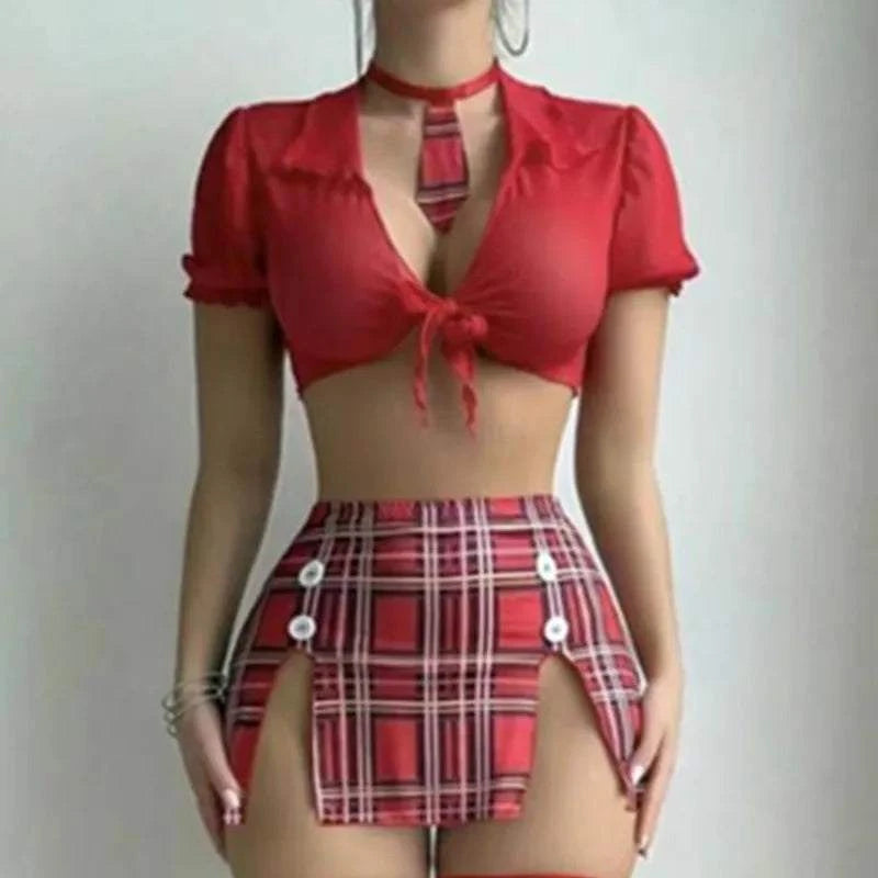 Women Schoolgirl Lingerie Sexy Roleplay Short Sleeve Crop Top Slit Plaid Skirt Briefs Neck Tie Costume Lingerie Lace Cosplay