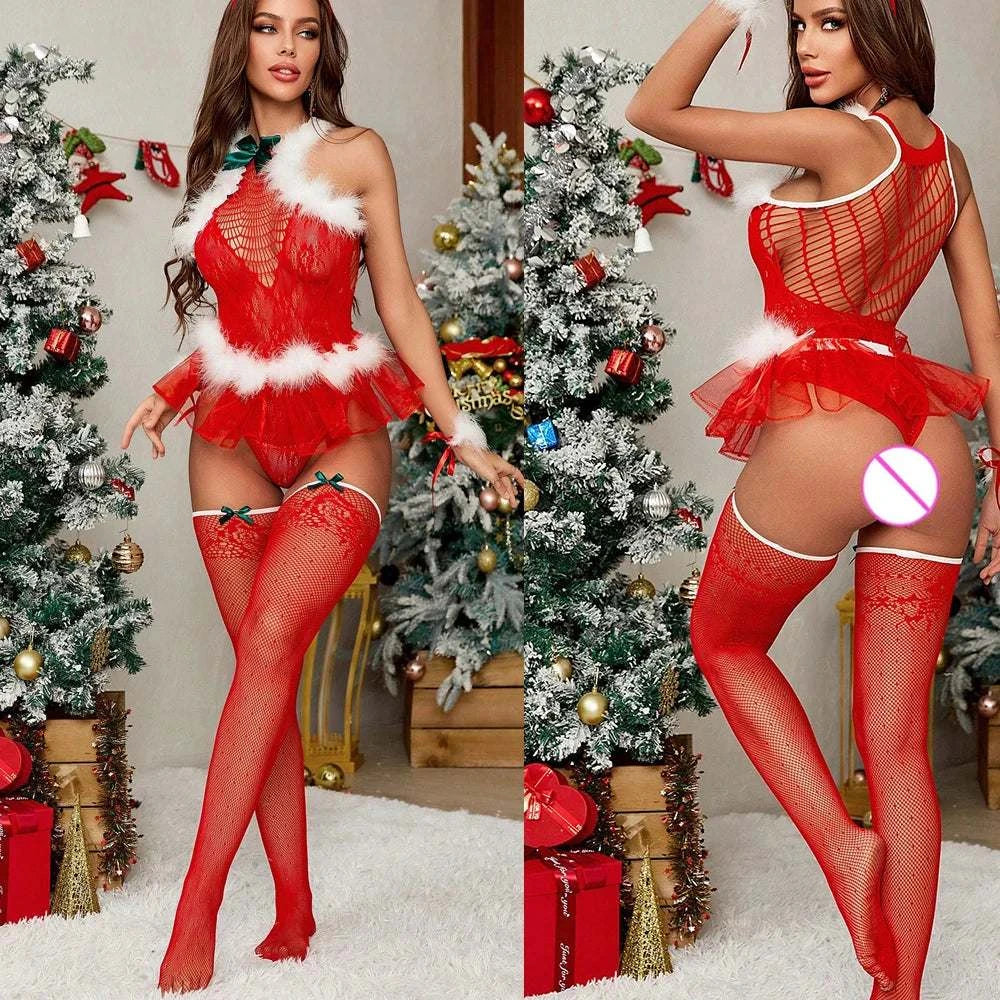 FHSEER Women Christmas Lingerie Set Sexy Santa Outfit Set Cosplay Costume Nightwear Babydoll Lace Mesh Fluffy Furry Lingerie