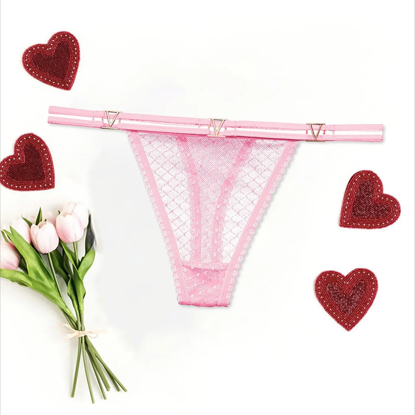 Seamless Hipster Mesh Thong – Low Waist Multi-Color G-String with Lace & Metal Buckles for Women