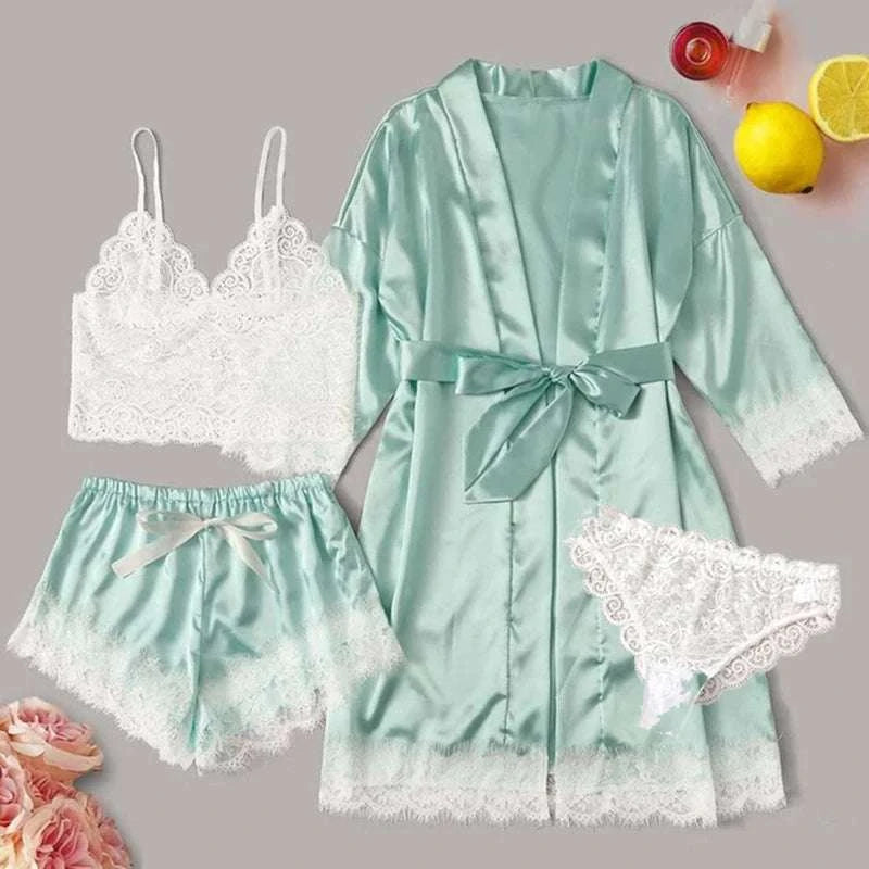4PCS Women Pajama Suit Fashion V-Neck Stretch Silk Satin Robe Lace Sexy Lingerie Bathrobe Bowknot Pyjamas Shorts Set Sleepwear