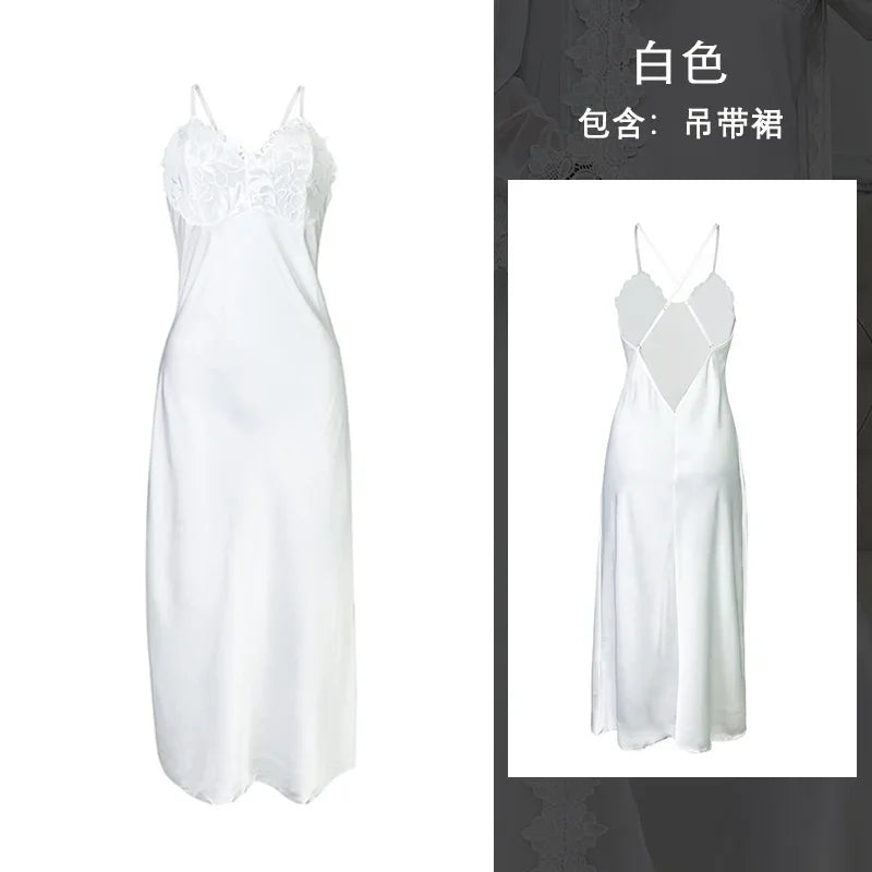 Sexy Sheer Mesh Robe Bride Wedding Robe Suit 2Pcs Lace Patchwork Night Dress Long Chemise Sleepwear Satin Lingerie Pajamas