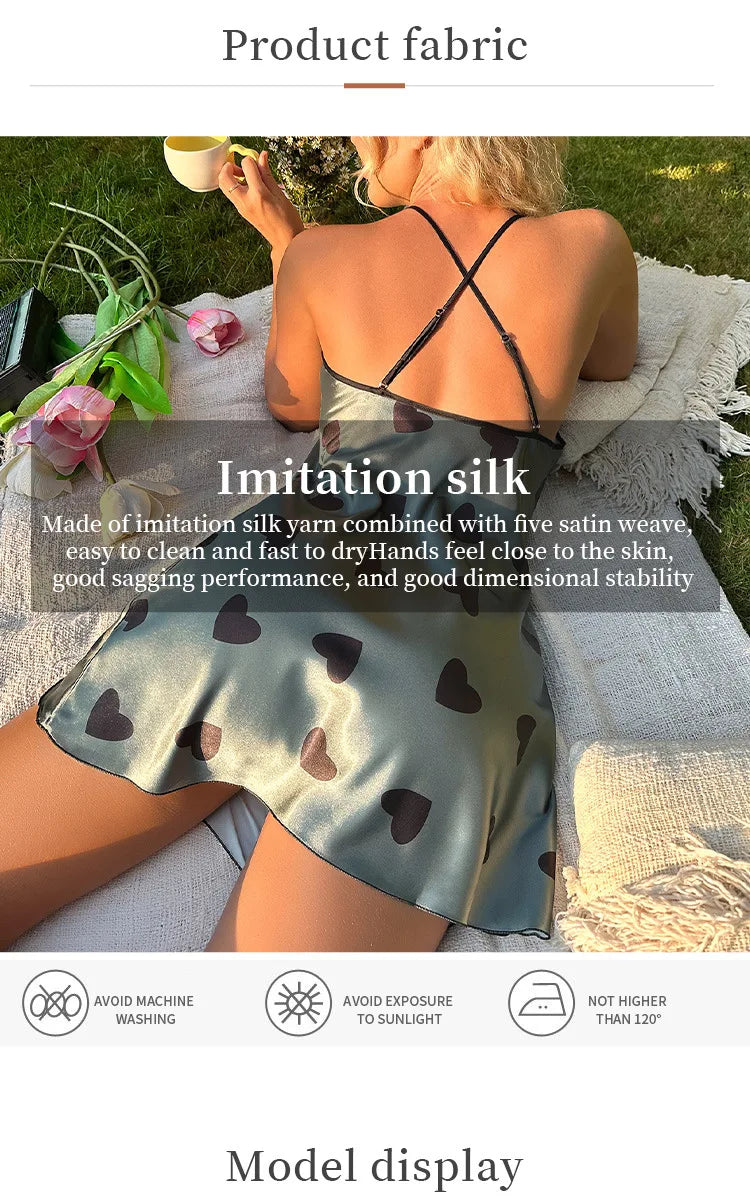 Heart Print Slip Nightdress Casual Crew Neck Criss Cross Back Sleepwear Women's Dresses