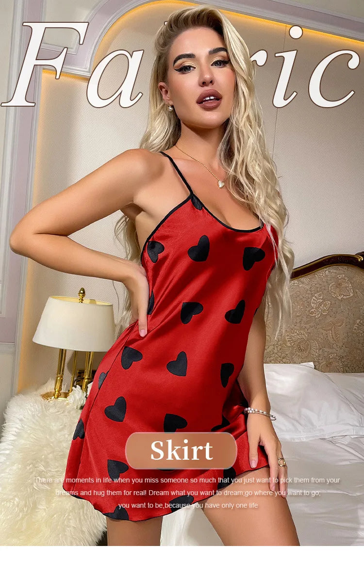 Heart Print Slip Nightdress Casual Crew Neck Criss Cross Back Sleepwear Women's Dresses