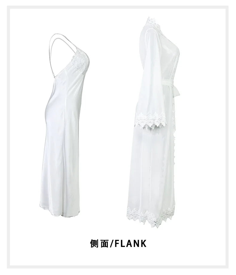 Sexy Sheer Mesh Robe Bride Wedding Robe Suit 2Pcs Lace Patchwork Night Dress Long Chemise Sleepwear Satin Lingerie Pajamas