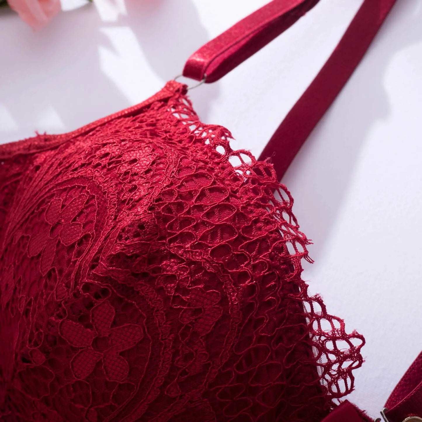 New burgundy hot gathering bra set sexy sheer lace eyelash halterneck bra thong detachable leg ring erotic lingerie