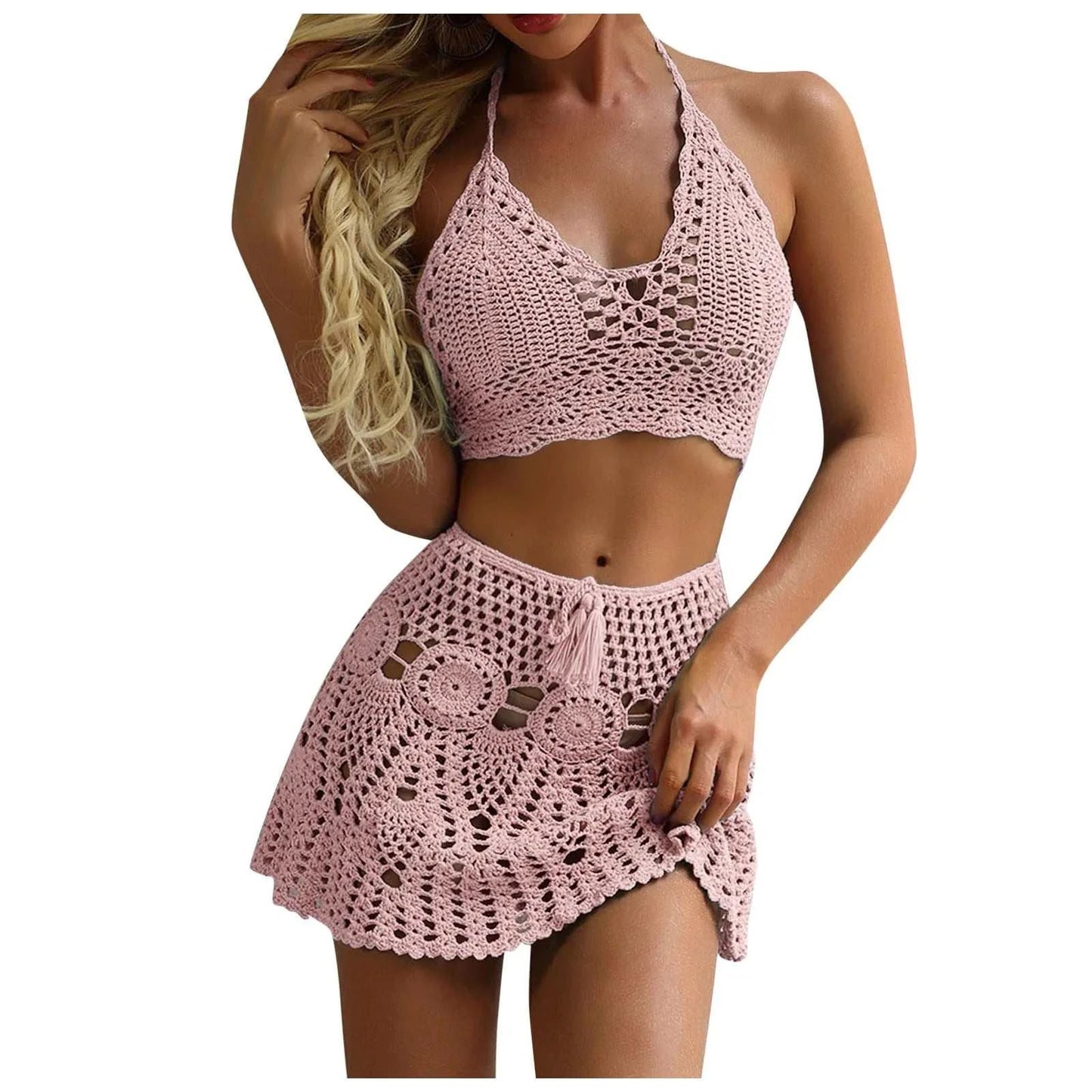 Women Crocheted Hollowed Out Swimsuit Two Piece Suits Summer V Neck Bikini Beach Skirt Solid Swimwear Bathing Suit Swimming Suit