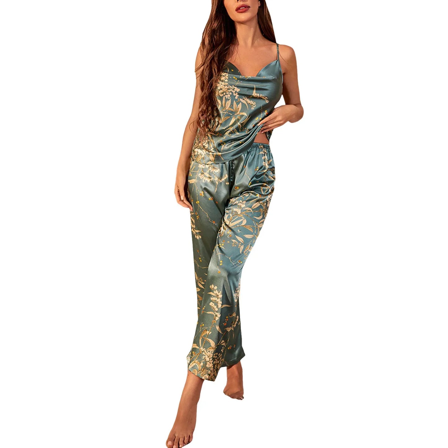 Satin Women Pajamas Set Casual Cami Vest Top+Elastic Waist Long Pants Nightwear Loungewear Clothing Women Sleepwear Set Summer