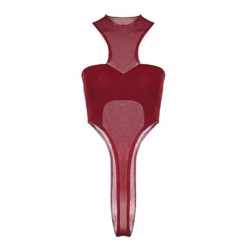 Solid Red Mesh Corset Bodysuit