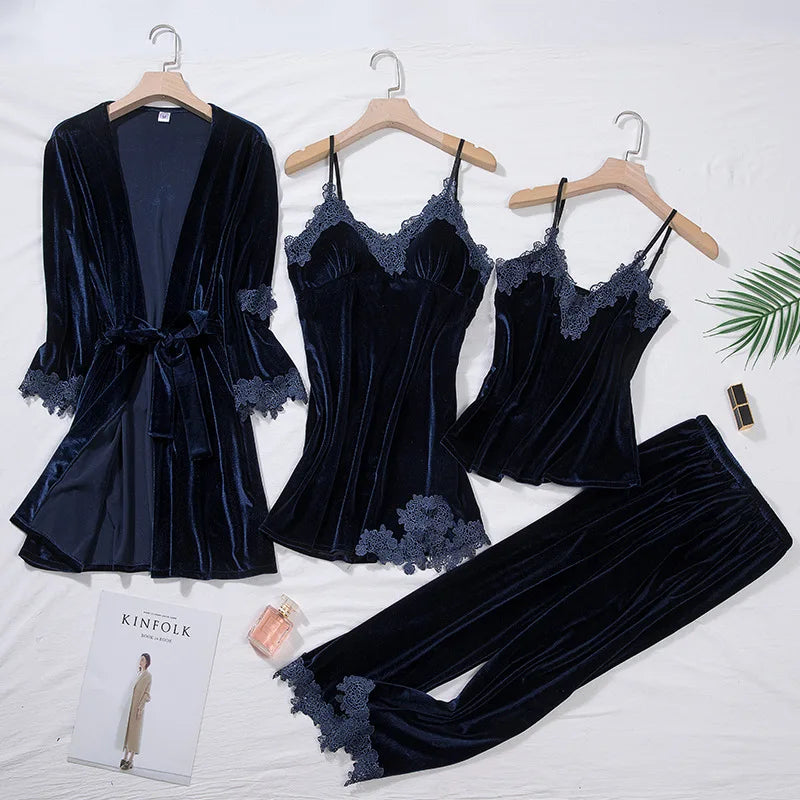 Women’s 4-Piece Velour & Lace Velvet Pajama Set – Long-Sleeve Intimate Homewear