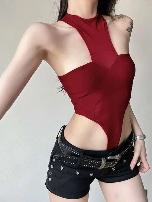 Solid Red Mesh Corset Bodysuit