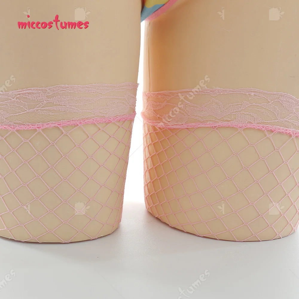 Women Sexy Cosplay Lingerie Rainbow Stripe Long Sleeve Short Tops and Panty with Stockings Sleepwear Sexy Costumes