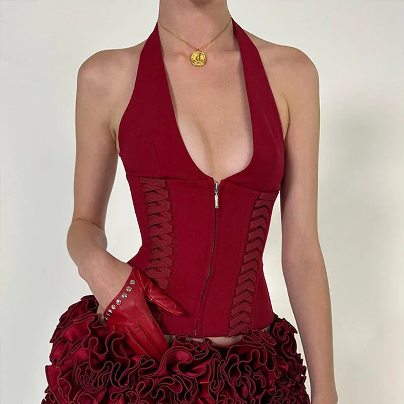 Fashion Cross Tie Zipper Slim Women's Vest Sexy Off Shoulder Backless Sleeveless Halter Top Casual Summer Street Camis