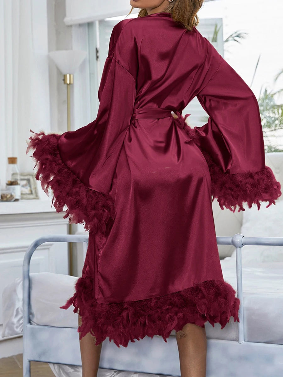 Women Sexy White Feather Long Sheer Satin Robe See Through Bridal Nightgown Lingerie Nightdress Bathrobe Cover Up Loungewear