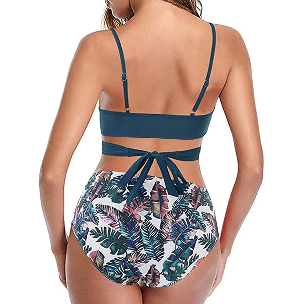 Hot 12 Colors Women Slim Bikini Sets High Waisted Sexy Swimwear 2 Pieces 2025 Solid/Floral Ruched Brazilian Swimsuit Cross Front