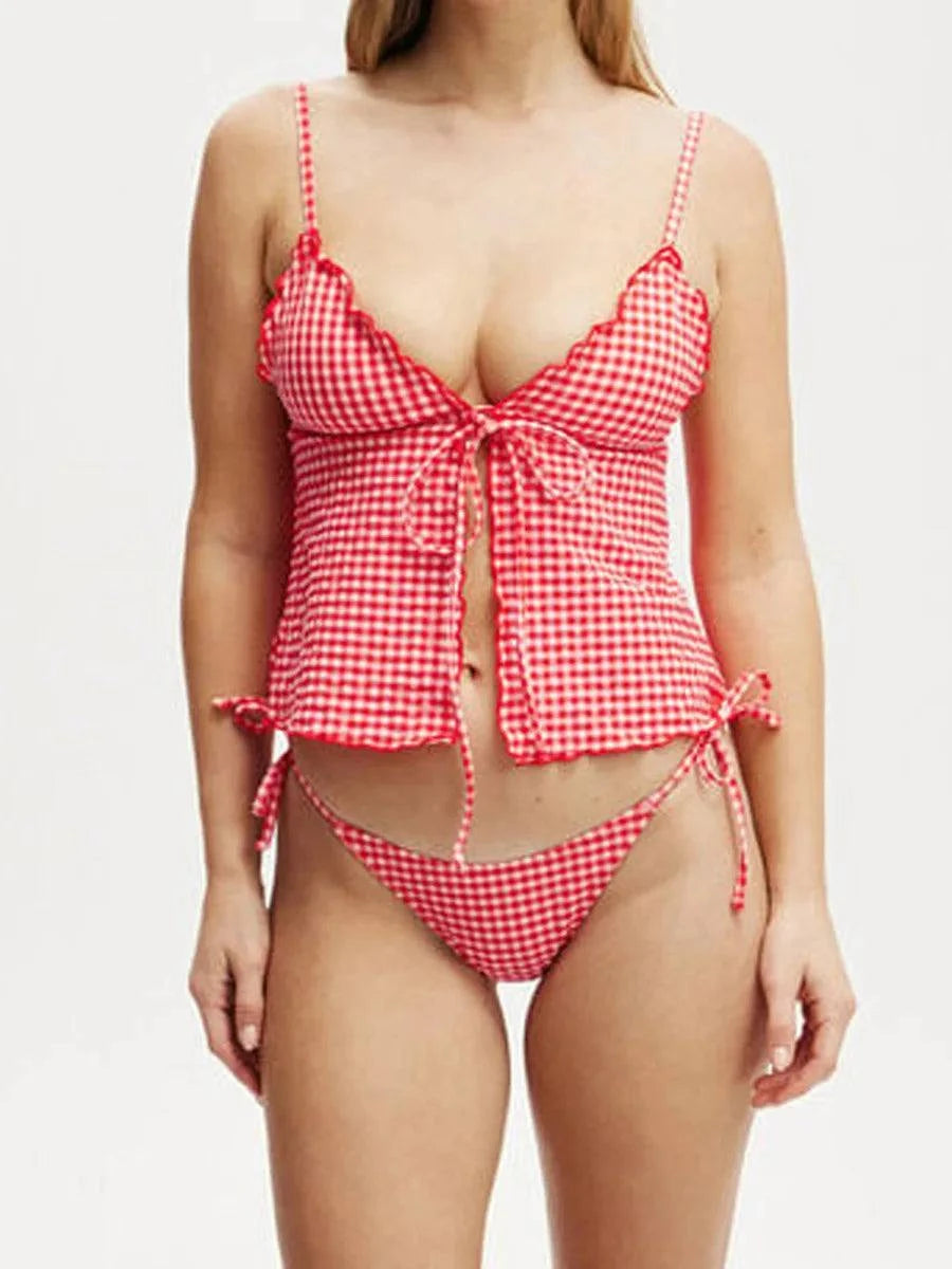 Women s Plaid Print Sleeveless Cami Top with Deep V Neckline and Front Tie-up Detail - Stylish Split Shirt for Summer