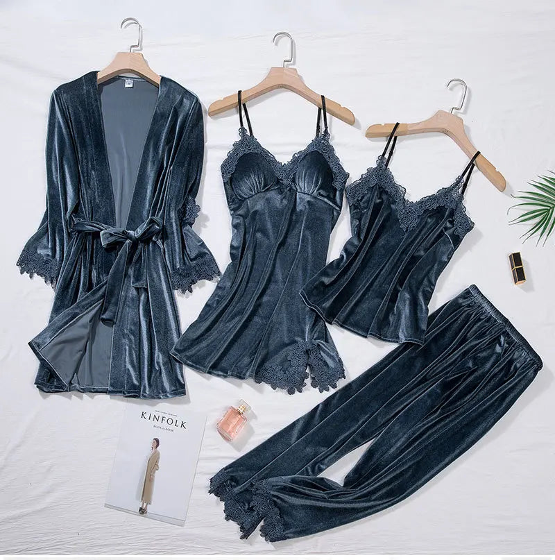 Women’s 4-Piece Velour & Lace Velvet Pajama Set – Long-Sleeve Intimate Homewear