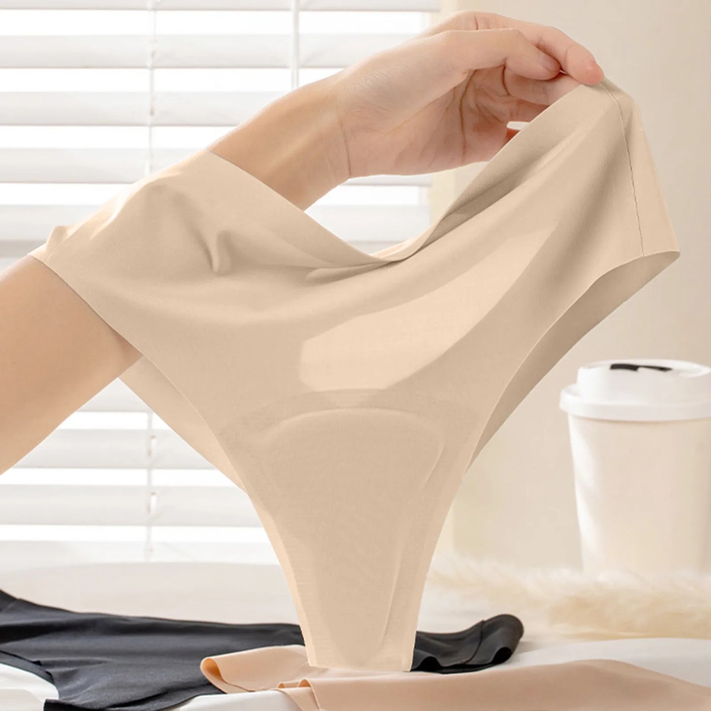 Comfortable Mid Waist Seamless Thong Panties – Solid Color Stretch Basics Underwear for Women