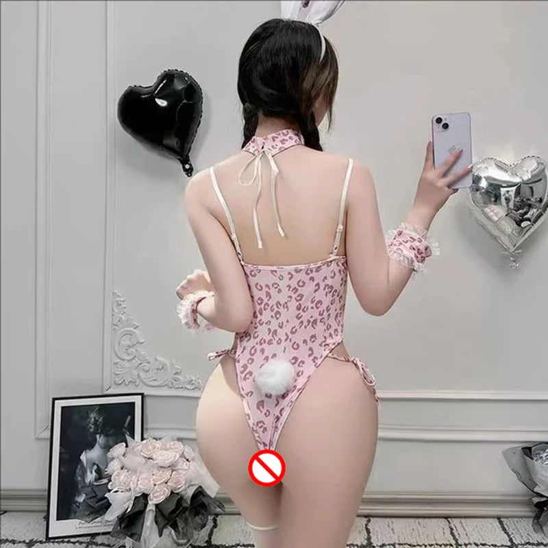 Sexy Bodysuit Women Pajama Pink Bunny Girl Set Cosplay Maid Costume Sexy Lingerie Women Underwear Sleepwear Female Lingerie
