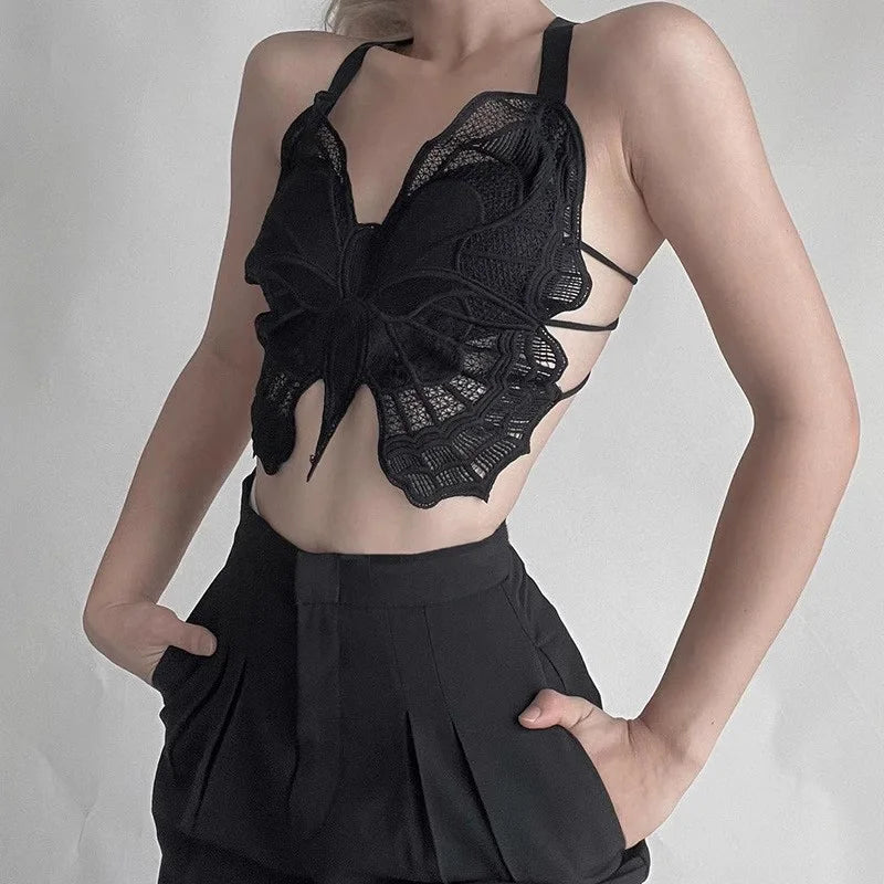 Summer Lace Butterfly Slim Sexy Exposed Navel Padded Camisole TankTop
