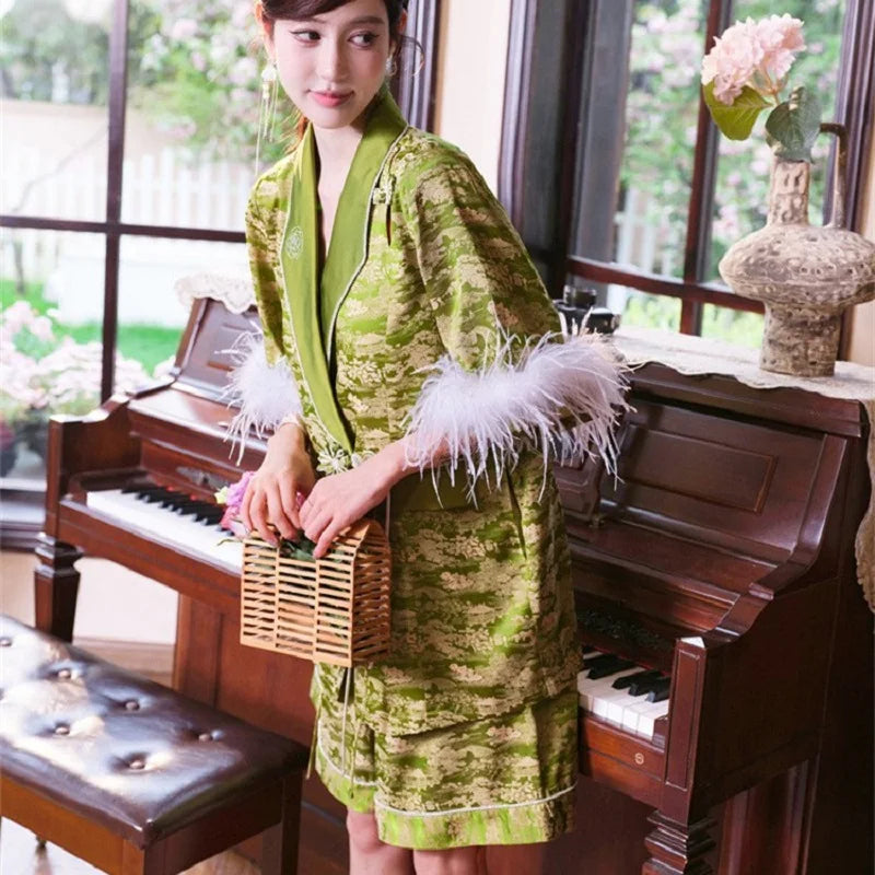 Women’s Vintage Embroidered Ice-Silk Cardigan & Nightshirt Two-Piece Set – Green Feathers Luxury Homewear