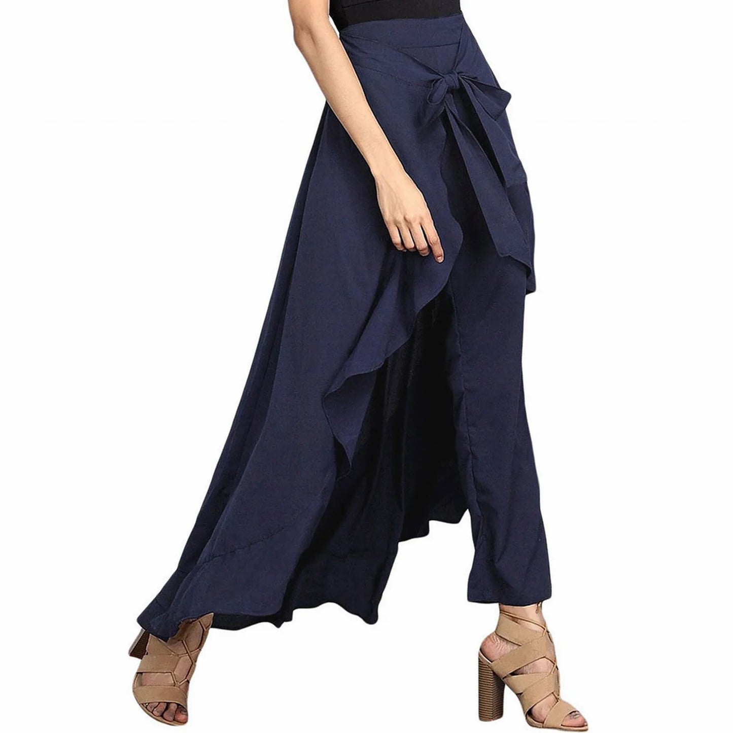 Women'S High Waist Chiffon Pants Wide Leg Pants Ruffle Trim Ice Silk Ankle-Length Long Trousers Summer Breeches Pantalones 바지