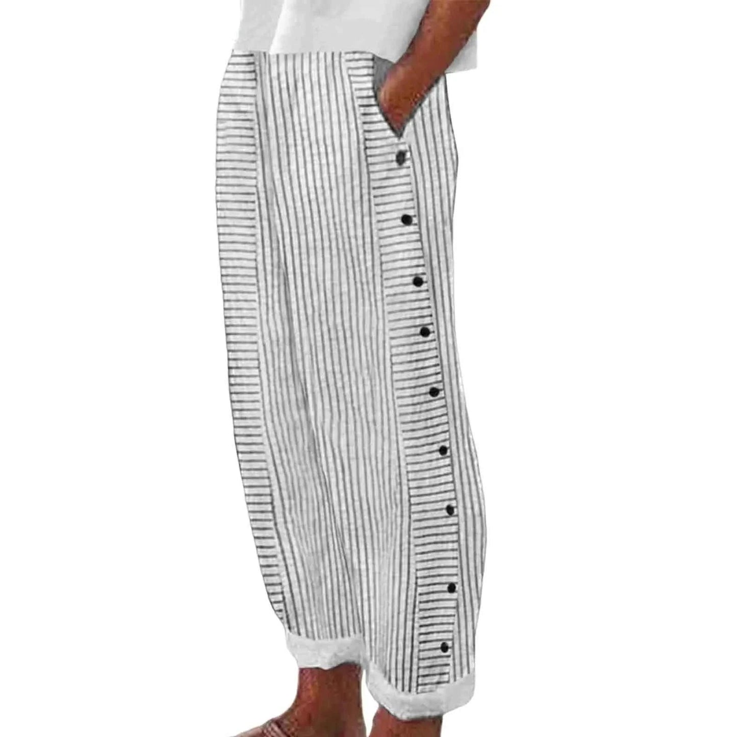Long Linen Pants Women Women Summer Fashion Striped Print Button Casual Versatile Loose High Waist Yoga Dress Pants For Women