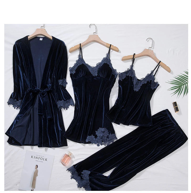 Women’s 4-Piece Velour & Lace Velvet Pajama Set – Long-Sleeve Intimate Homewear