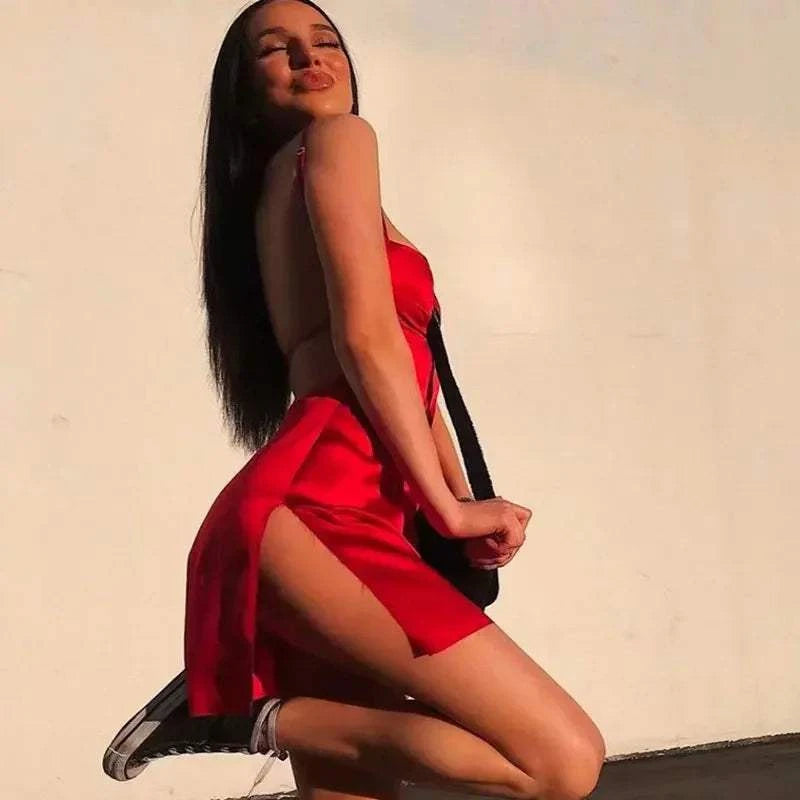 Sexy Satin Slip Backless Mini Dress Fashion Pajamas Women Summer Slit Bandage Elegant Dresses Home Casual Soft Nightdress Gothic