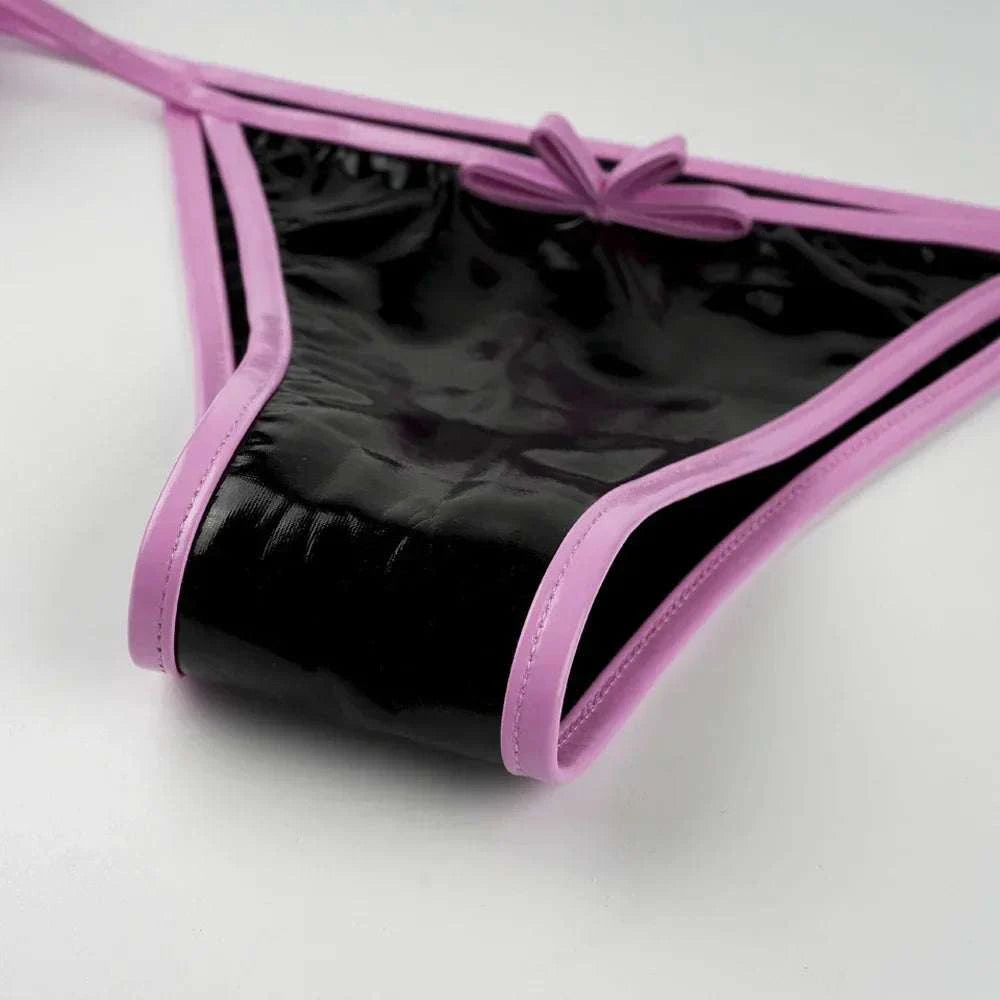 Women Three Point Underwear Set Cosplay Costume Barbie Cute Girl Pink Black Plaid Bikini Swimsuit