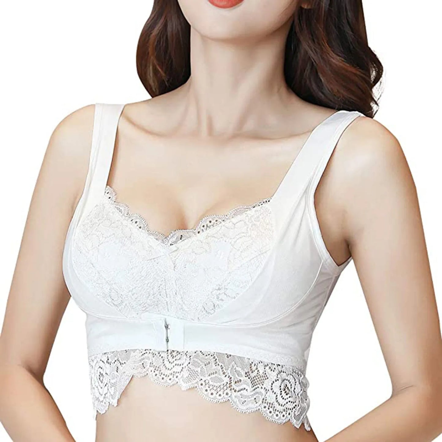 Push Up Vest Bras for Women Posture Corrector Gathered Bra without Steel Ring Front Closure Floral Embroidery Lace Bra Underwear