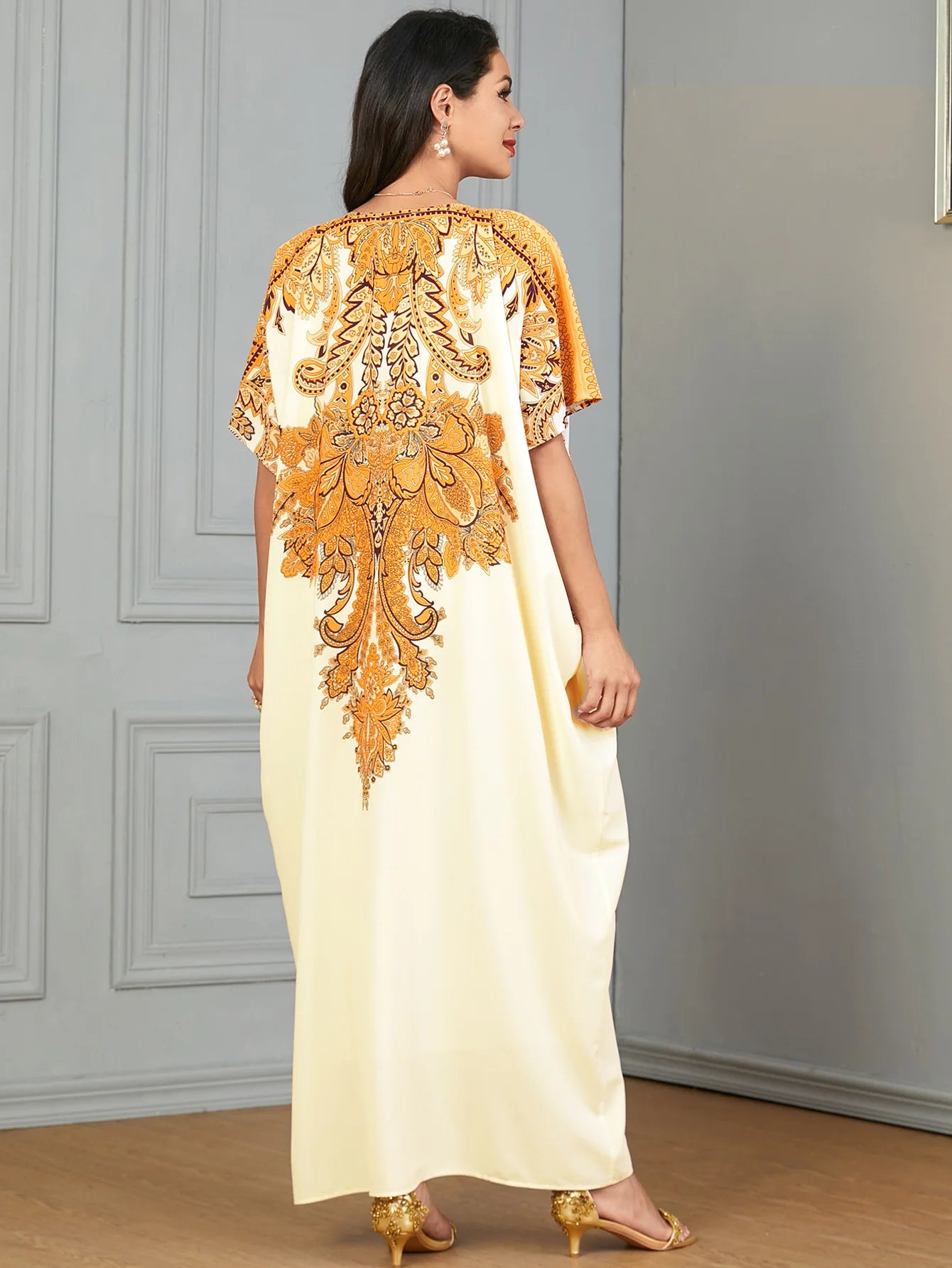 Moroccan-Print Loose-Fit Maxi Kaftan Dress – Short-Sleeve Muslim Abaya & Turkey Caftan