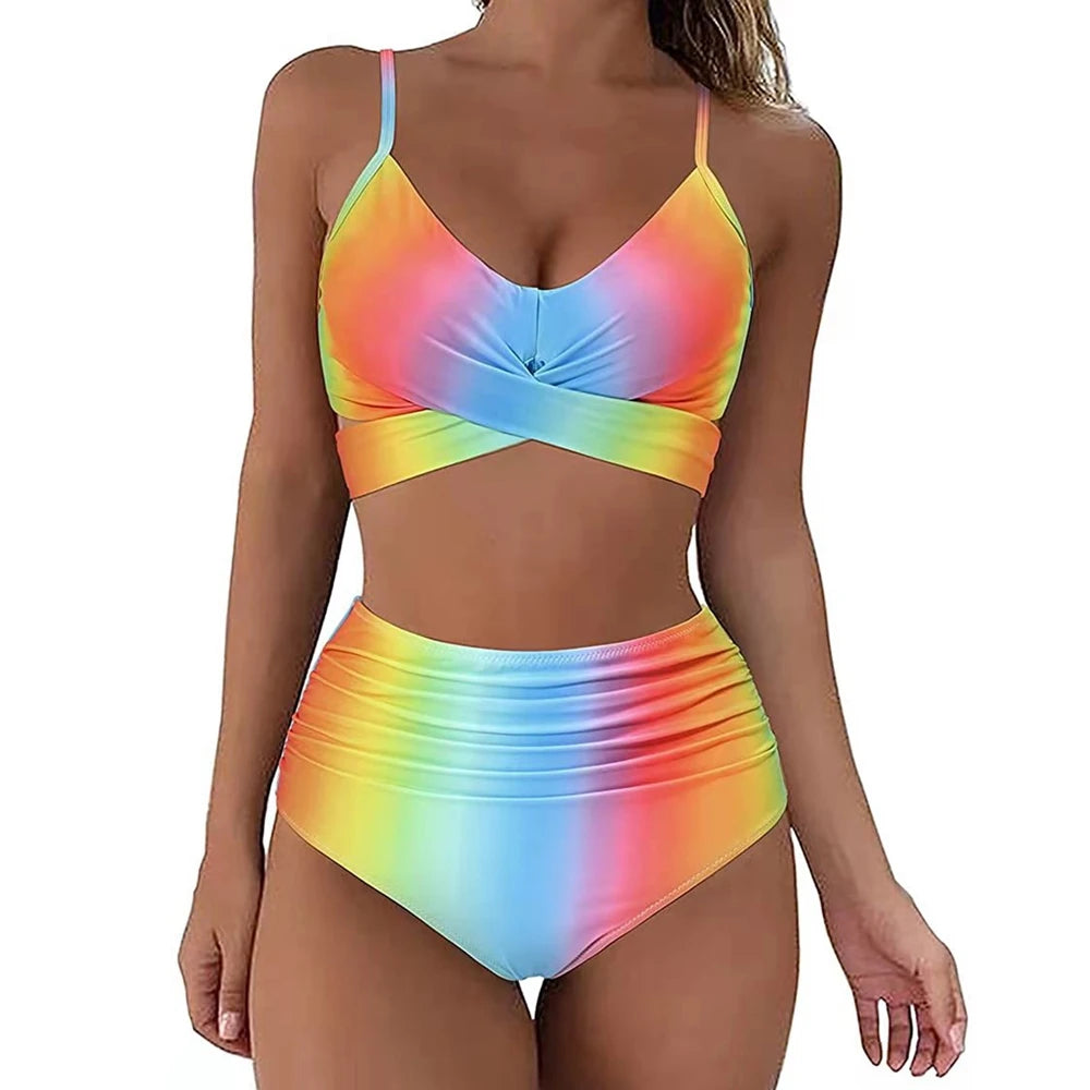 Hot 12 Colors Women Slim Bikini Sets High Waisted Sexy Swimwear 2 Pieces 2025 Solid/Floral Ruched Brazilian Swimsuit Cross Front