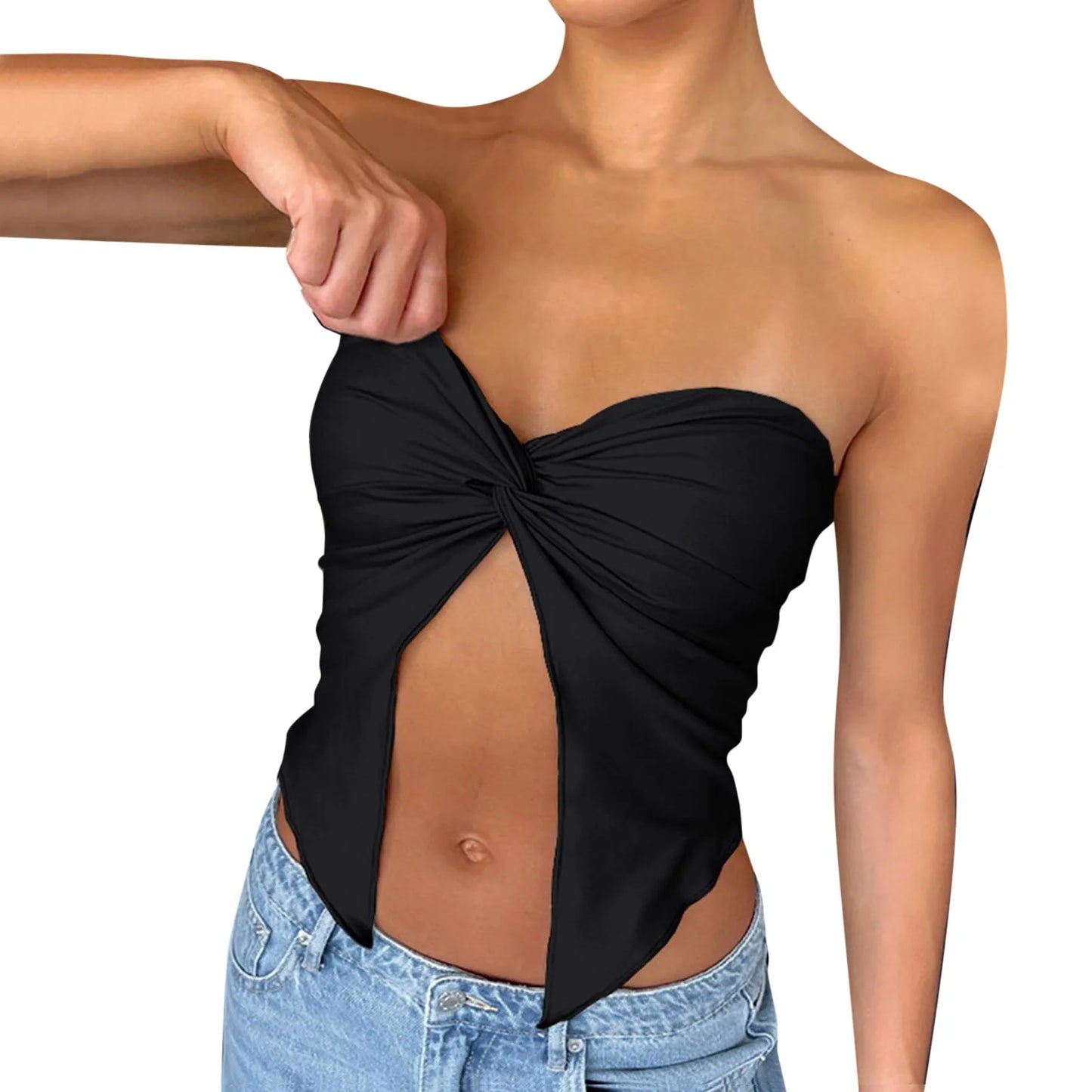 Ruched Strapless Bandeau Crop Top – Casual Backless Tube Top for Women
