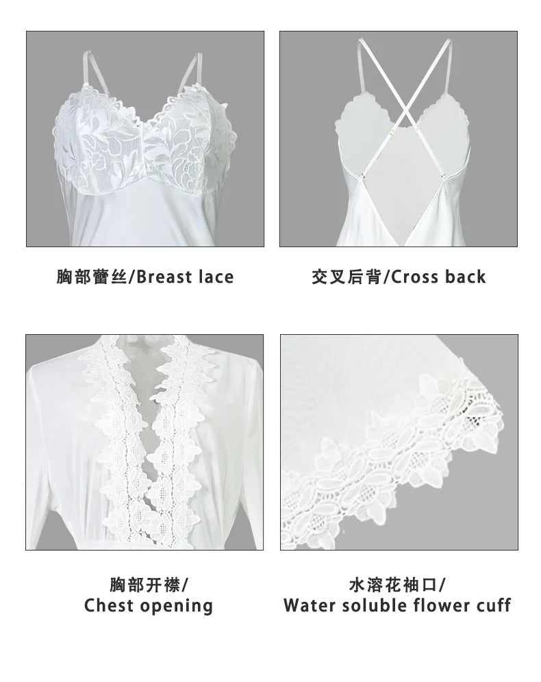 Sexy Sheer Mesh Robe Bride Wedding Robe Suit 2Pcs Lace Patchwork Night Dress Long Chemise Sleepwear Satin Lingerie Pajamas