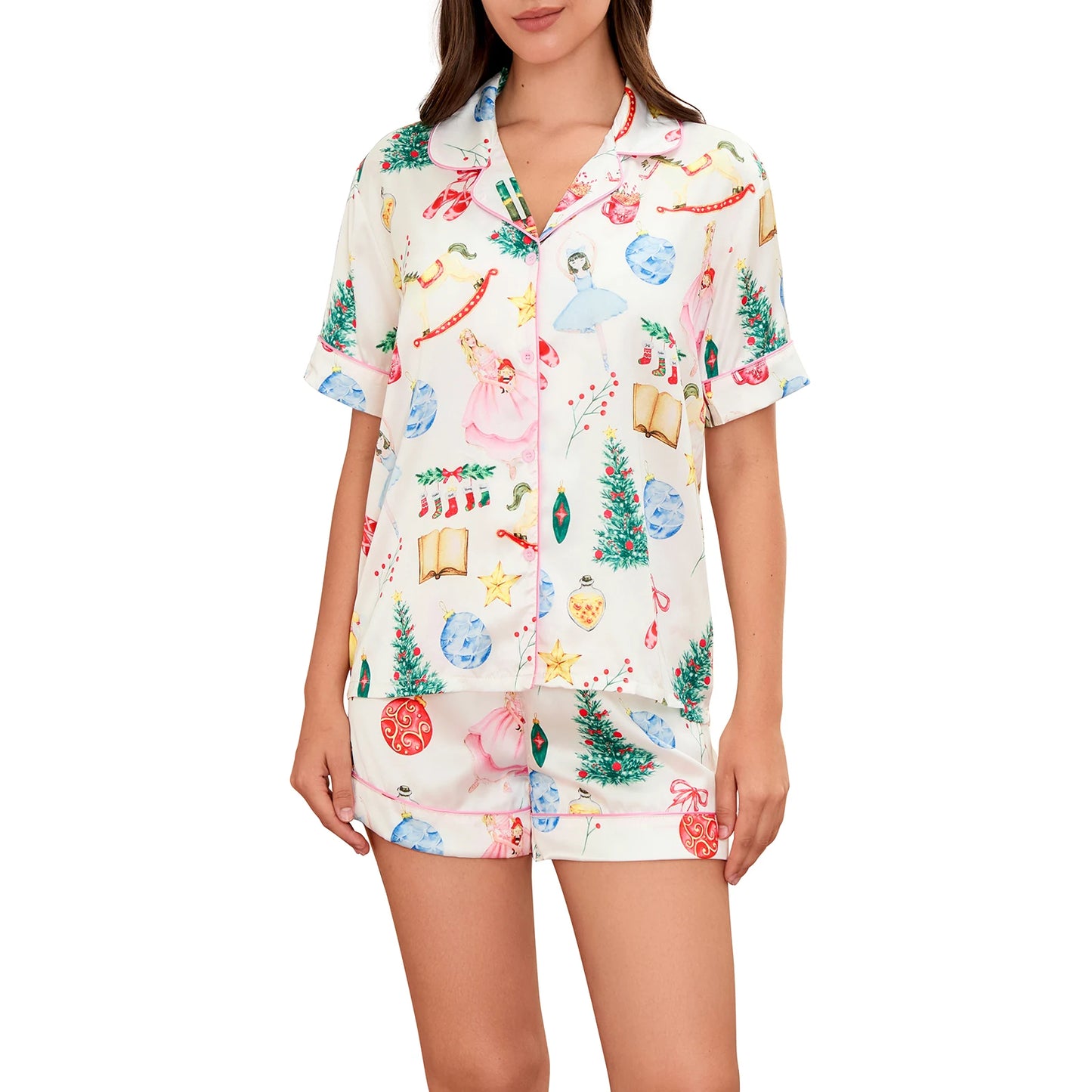 Women’s White 2-Piece Christmas Short-Sleeve Pajama Set – Festive Shirt & Shorts