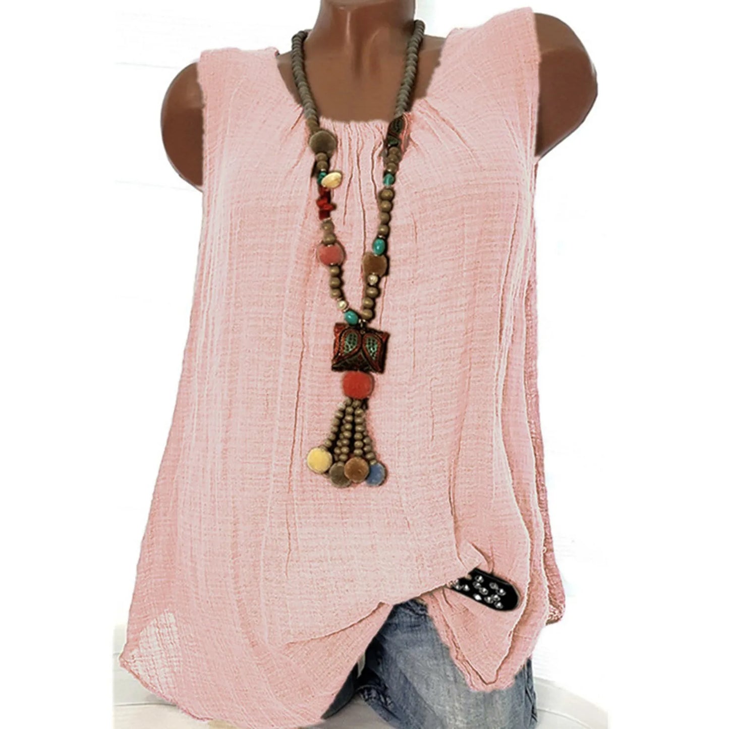 Plus Size Cotton Linen Sleeveless Baggy Tank Top – Casual U-Neck Summer Vest Blouse for Women