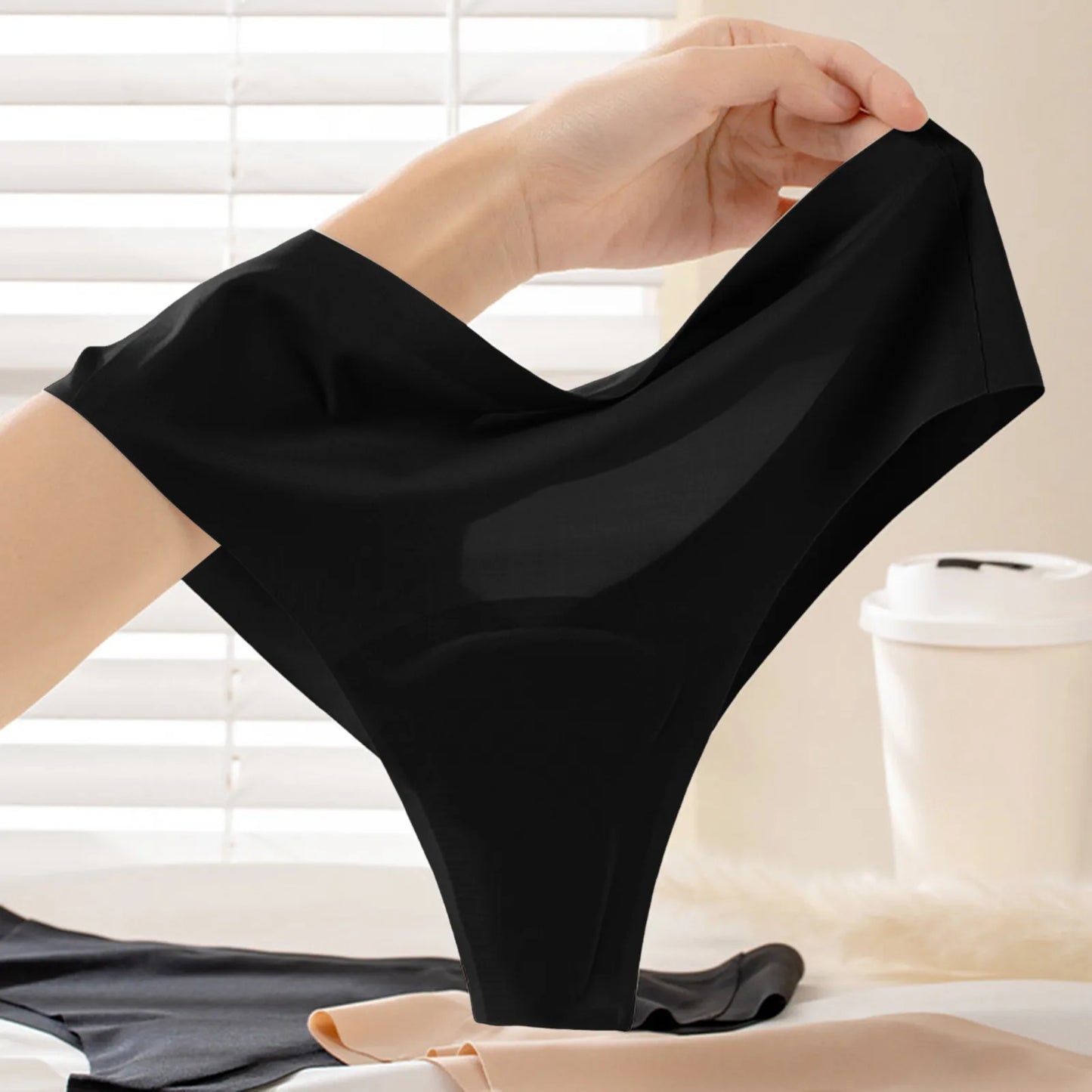 Comfortable Mid Waist Seamless Thong Panties – Solid Color Stretch Basics Underwear for Women