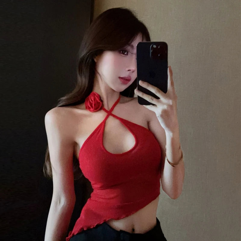 Korean Version of Red Halterneck Irregular Three-dimensional Flower Decoration Slim Sexy Fashion Camisole Top
