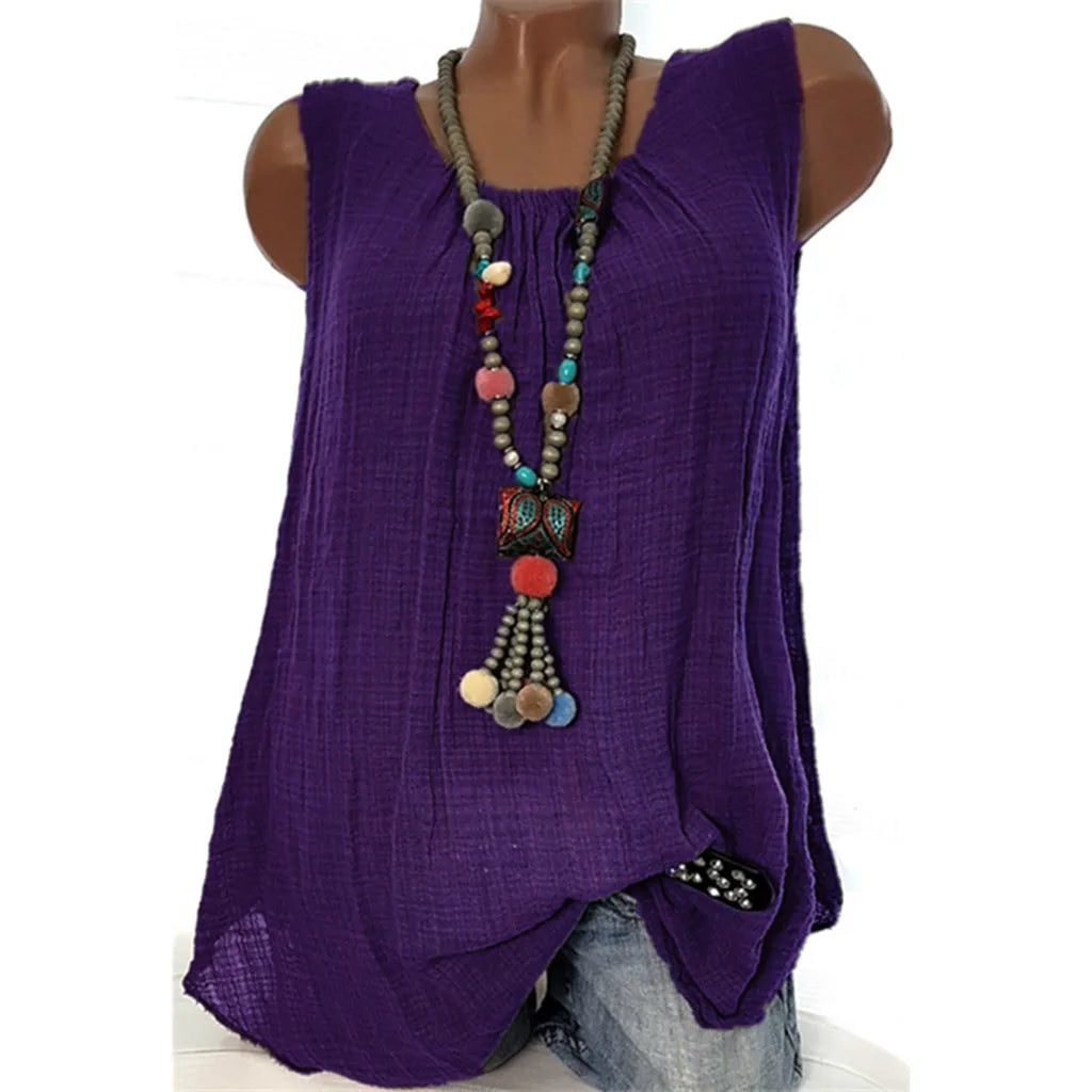 Plus Size Cotton Linen Sleeveless Baggy Tank Top – Casual U-Neck Summer Vest Blouse for Women