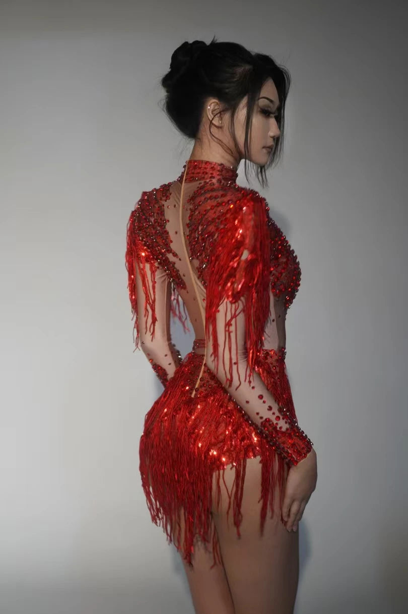 Gold Silver Sequins Tassel Elastic Bodysuit Sex)Pole Latin Dance Stage Wear Nightclub DJSinger Dancer Performance Costume Q025