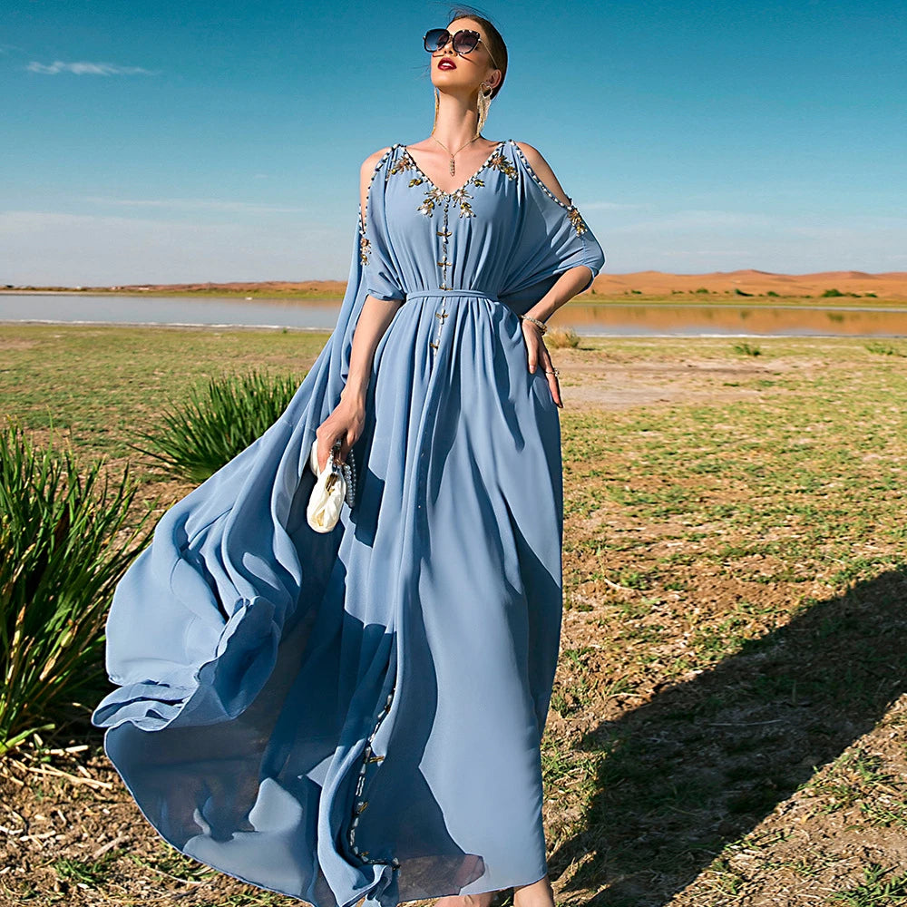 Diamond-Embellished Cold-Shoulder V-Neck Summer Kaftan Abaya – Luxury Evening Party & Eid Gown